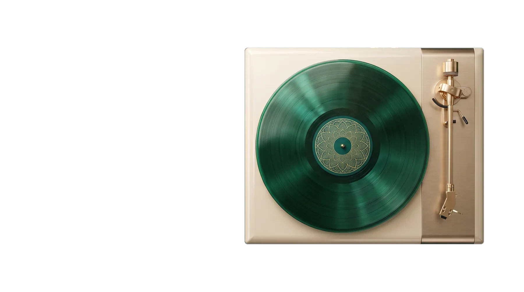 Platine vinyle crème et or avec un disque vert émeraude